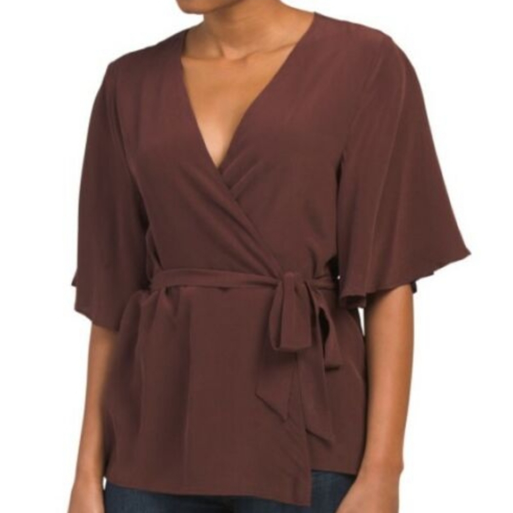 Revolve Chaser 100% Silk Burgundy Flounce Sleeve Wrap Top Size Medium